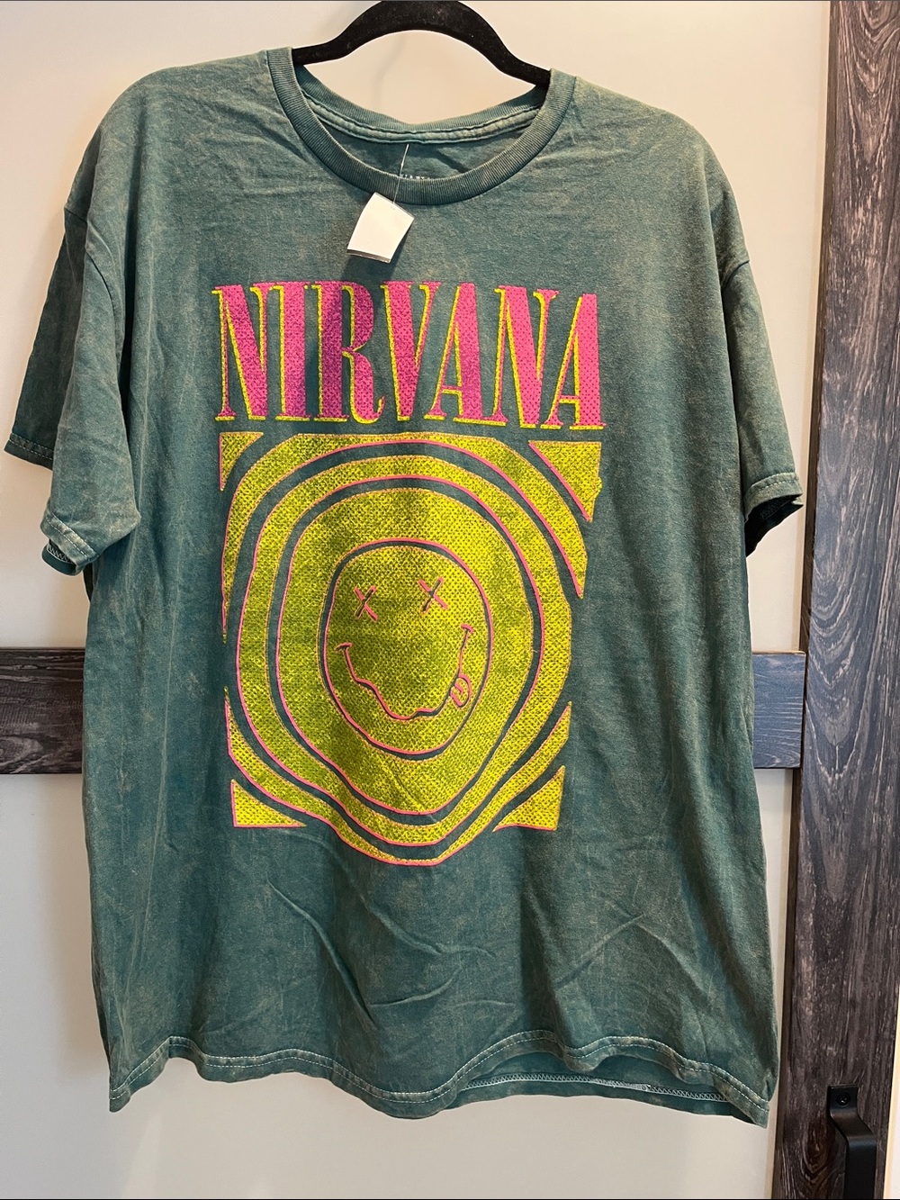 NIRVANA Forest Green Tee with Neon Yellow and Hot Pink Graphic